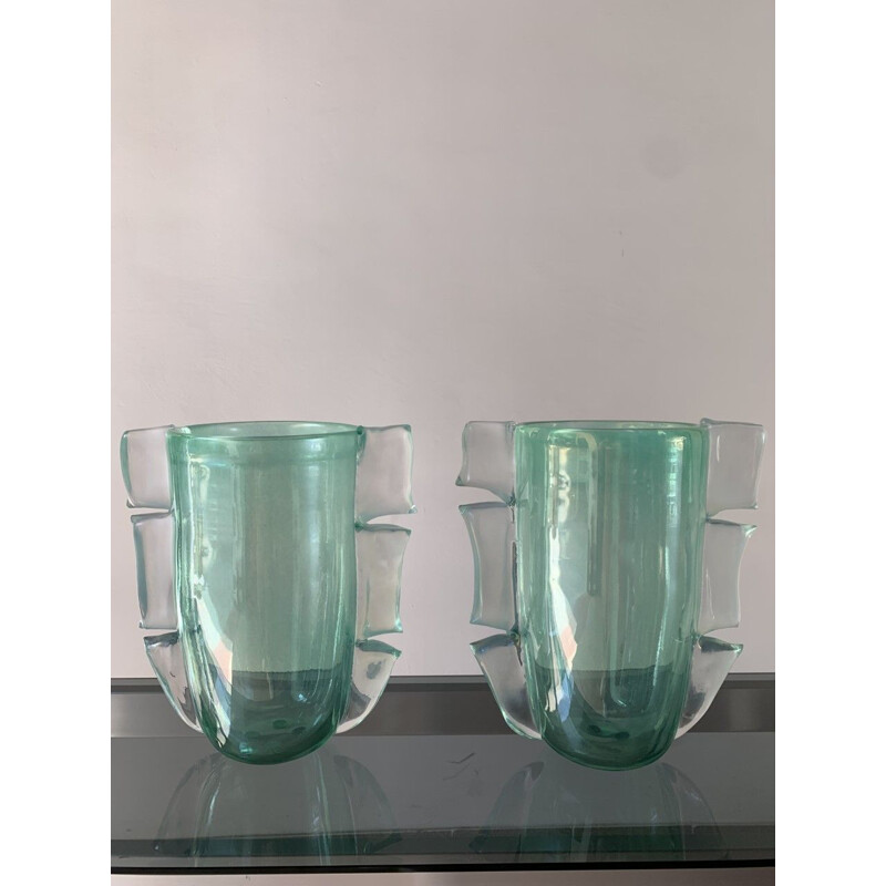 Pair of vintage green vases in Murano glass by Costantini, 1990