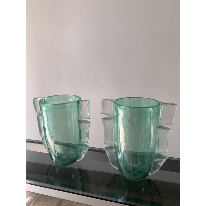 Paire de vases vintage verts en verre de Murano de Costantini, 1990