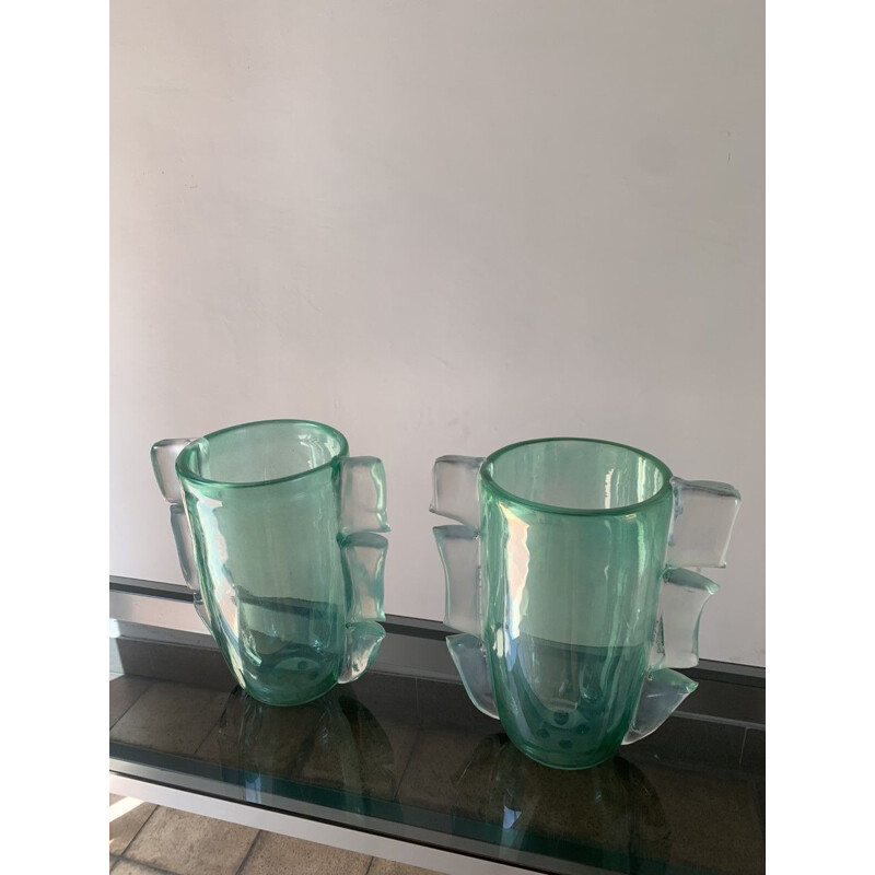 Pair of vintage green vases in Murano glass by Costantini, 1990