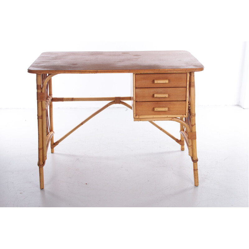 Vintage bamboo and rattan desk by Louis Sognot, France 1950