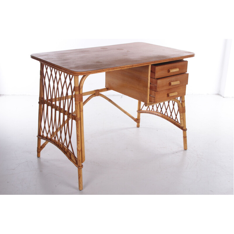 Vintage bamboo and rattan desk by Louis Sognot, France 1950