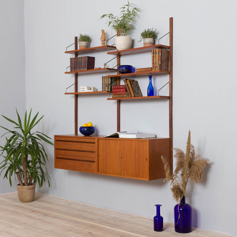 Vintage teak wall unit with 2 cabinets and 6 shelves by Poul Cadovius, 1960