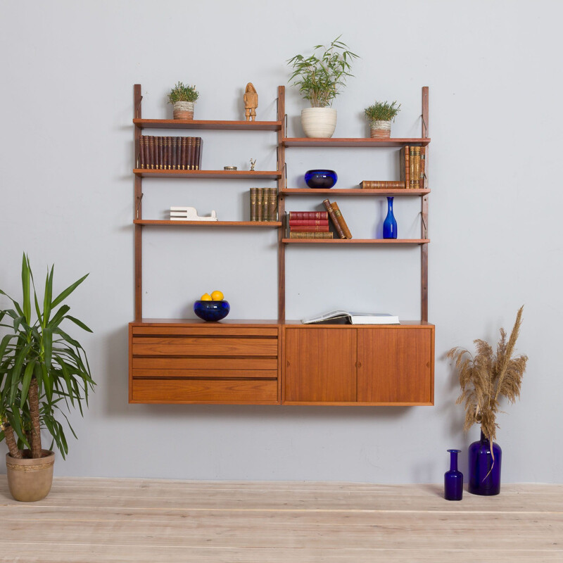 Vintage teak wall unit with 2 cabinets and 6 shelves by Poul Cadovius, 1960