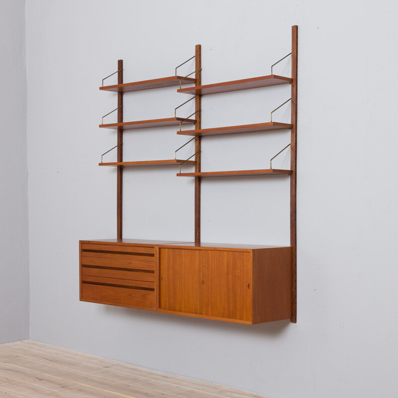 Vintage teak wall unit with 2 cabinets and 6 shelves by Poul Cadovius, 1960