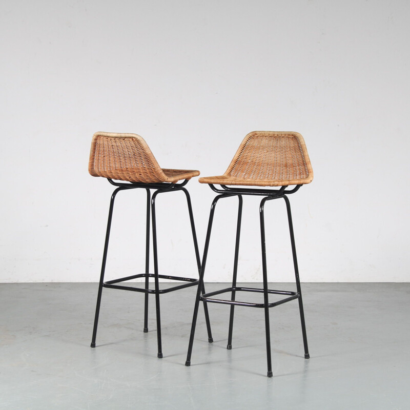 Vintage woven wicker bar stool by Dirk van Sliedregt for Gebroeders Jonkers, Netherlands 1950