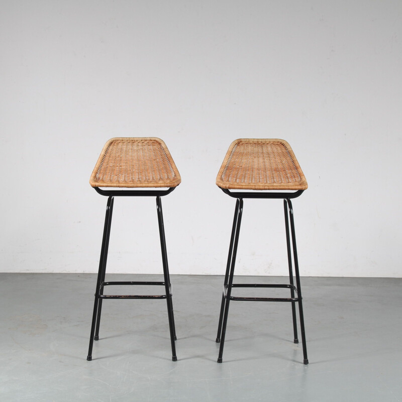 Vintage woven wicker bar stool by Dirk van Sliedregt for Gebroeders Jonkers, Netherlands 1950