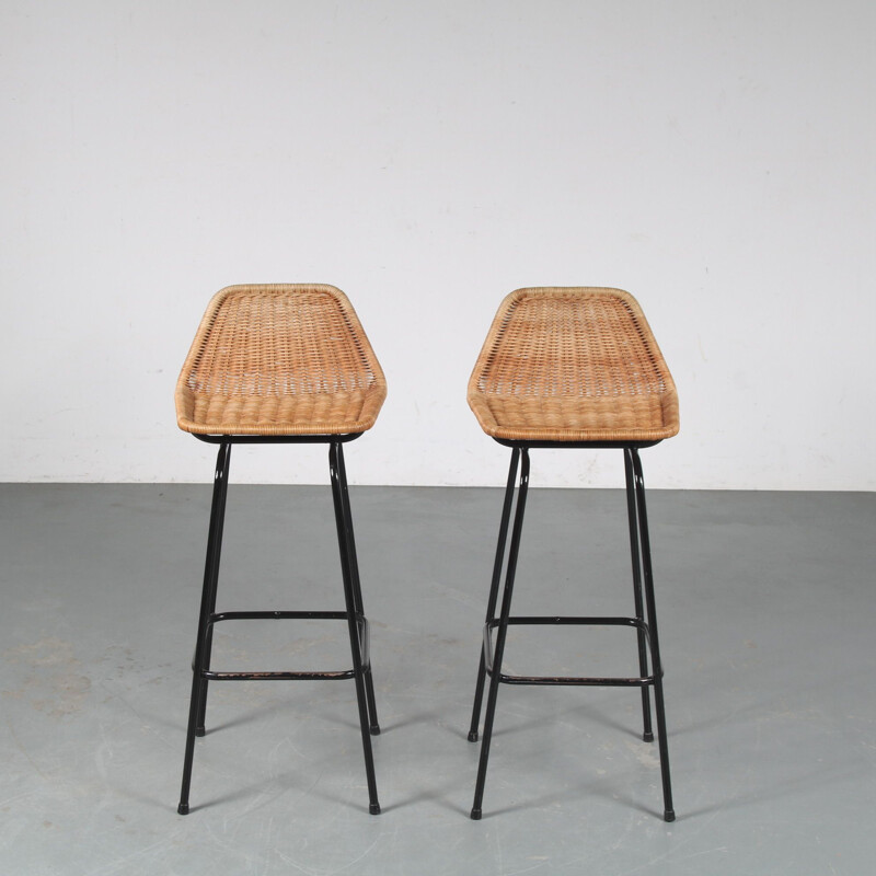 Vintage woven wicker bar stool by Dirk van Sliedregt for Gebroeders Jonkers, Netherlands 1950