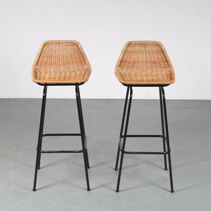 Vintage woven wicker bar stool by Dirk van Sliedregt for Gebroeders Jonkers, Netherlands 1950