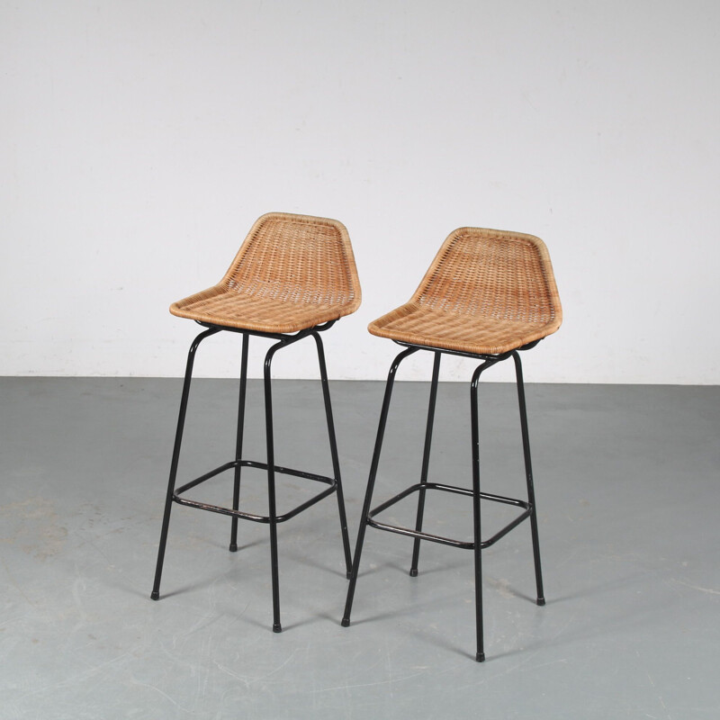 Vintage woven wicker bar stool by Dirk van Sliedregt for Gebroeders Jonkers, Netherlands 1950