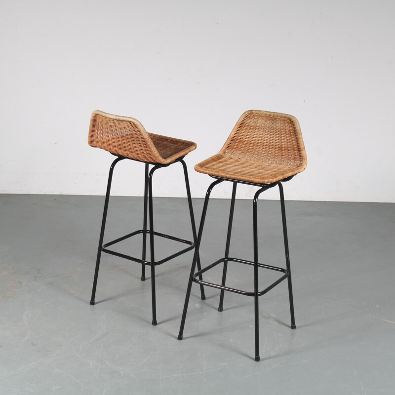 Vintage woven wicker bar stool by Dirk van Sliedregt for Gebroeders Jonkers, Netherlands 1950