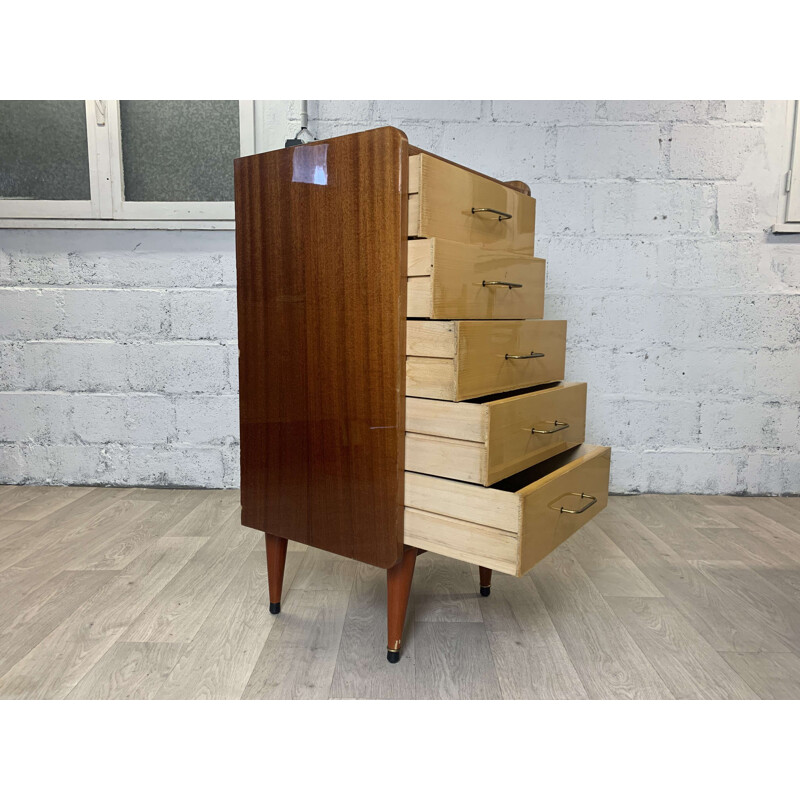 Commode vintage à 5 tiroirs en acajou vernis, 1960