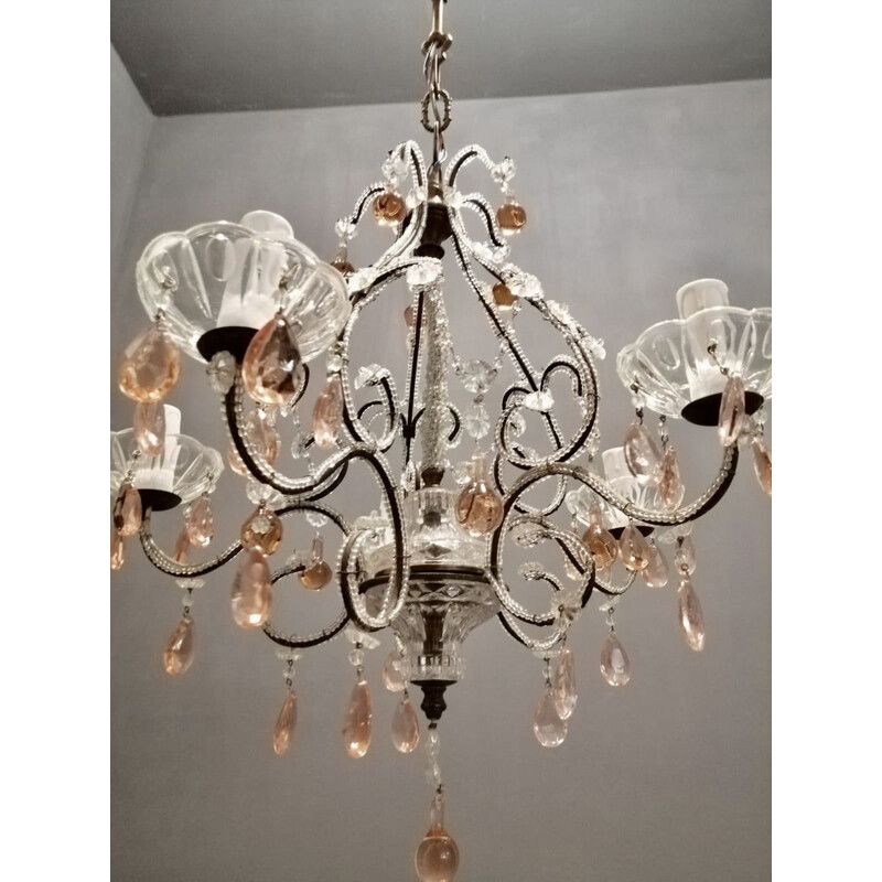 Vintage crystal chandelier with Murano glass drops, 1940