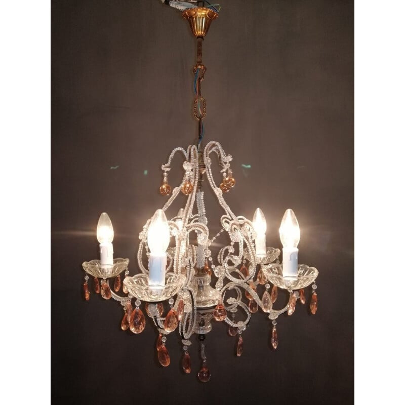 Vintage crystal chandelier with Murano glass drops, 1940