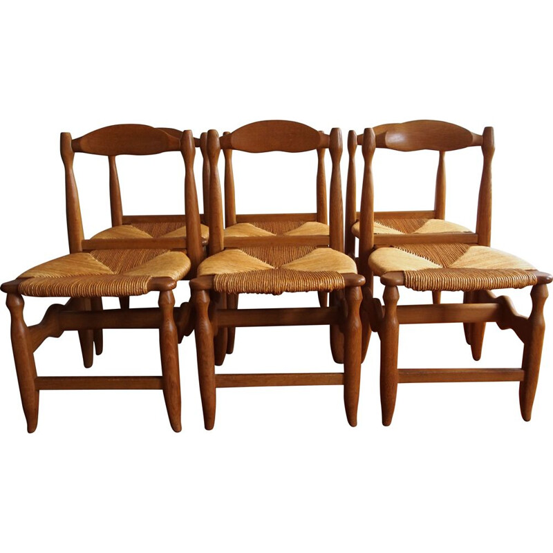 Conjunto de 6 cadeiras de carvalho maciço e palha vintage da Guillerme et Chambron para a Votre Maison