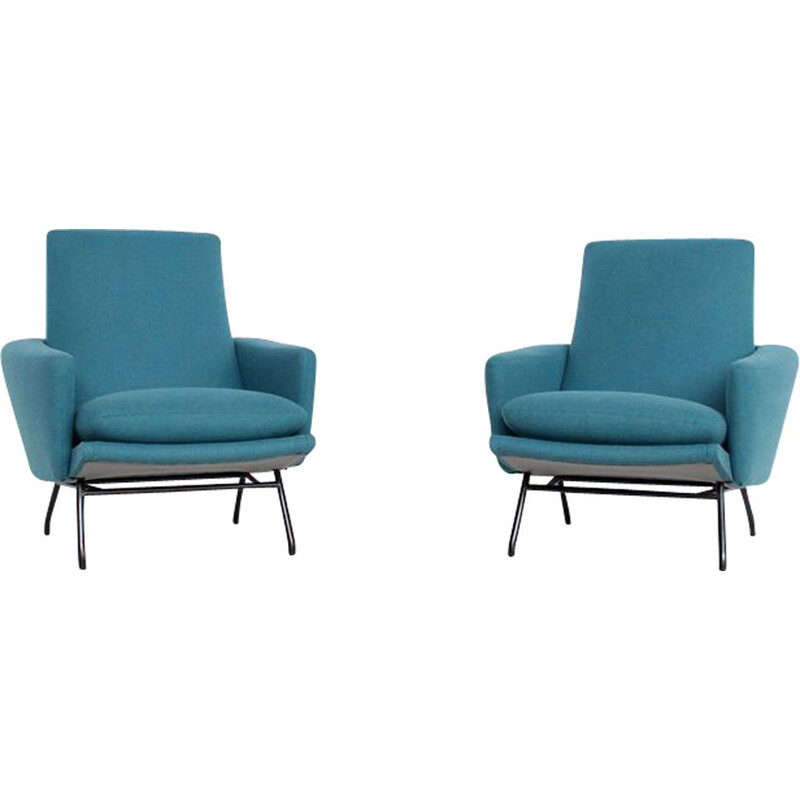 Pair of vintage blue armchairs by Pierre Guariche for Steiner, 1958