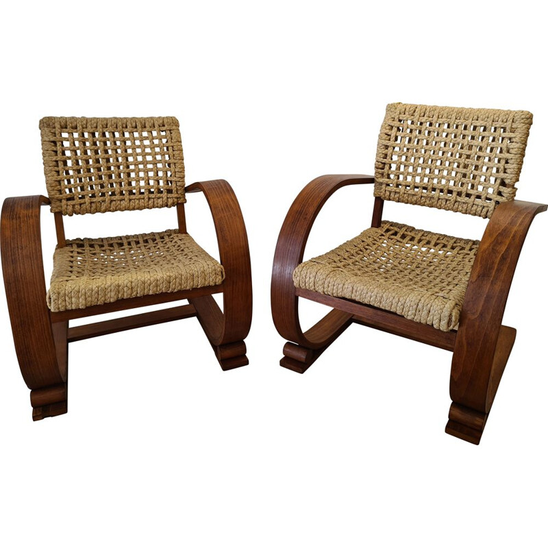 Pair of vintage rope armchairs by Adrien Audoux and Frida Minet