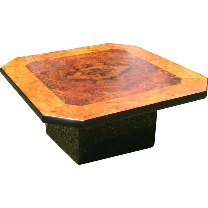 Vintage square coffee table in burr walnut by Mario Sabot, Italy 1970