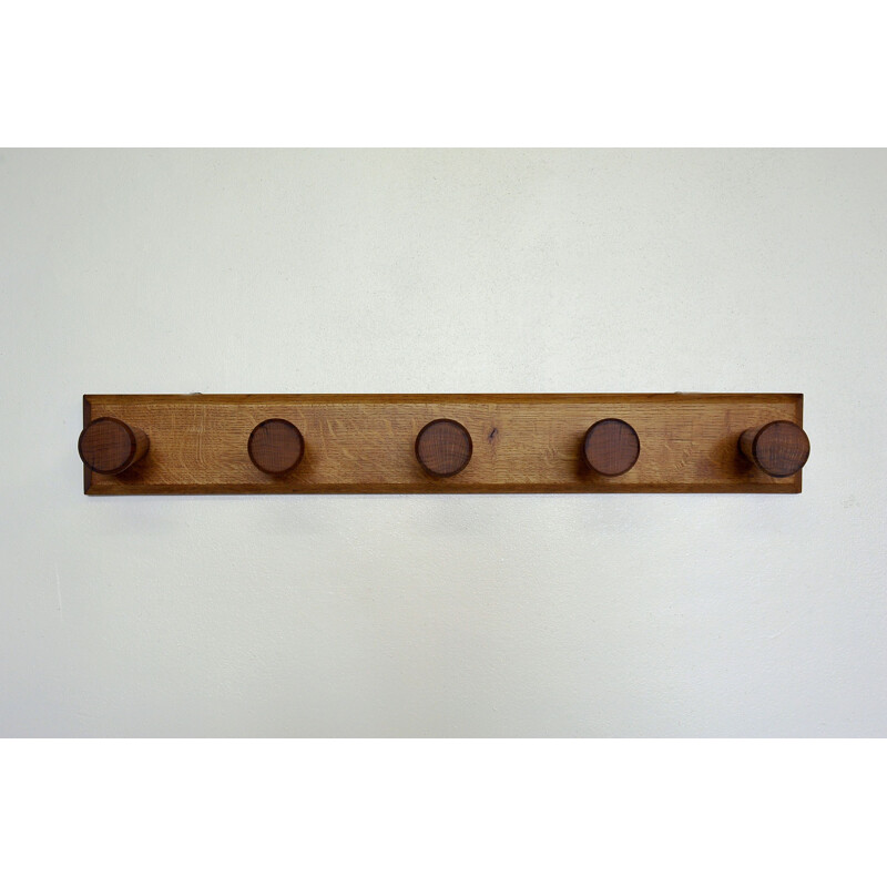 Vintage wall coat rack with 5 solid oakwood coat hooks, France 1950