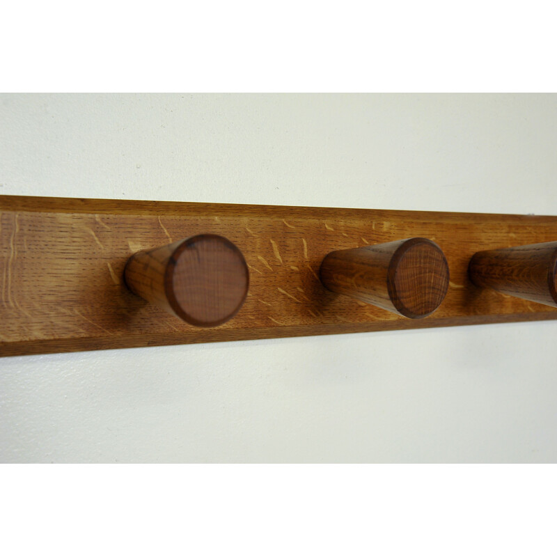 Vintage wall coat rack with 5 solid oakwood coat hooks, France 1950