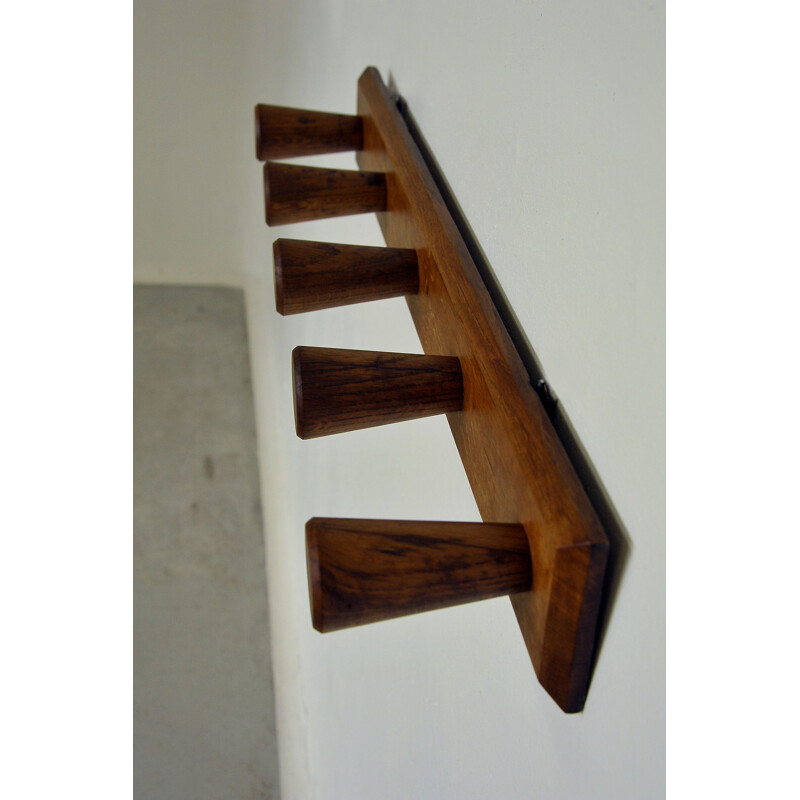 Vintage wall coat rack with 5 solid oakwood coat hooks, France 1950