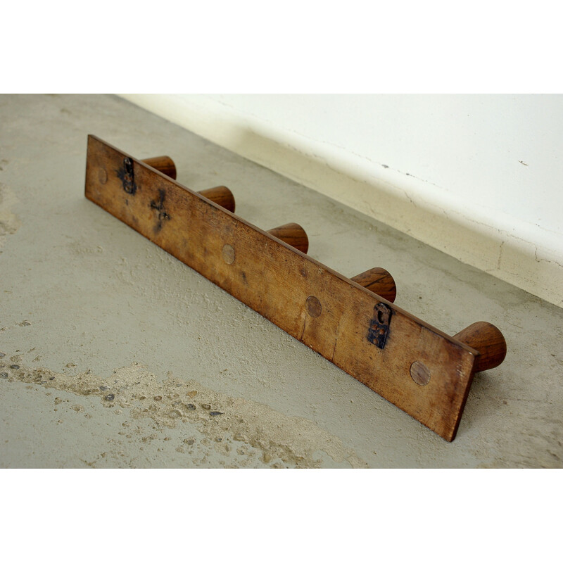 Vintage wall coat rack with 5 solid oakwood coat hooks, France 1950