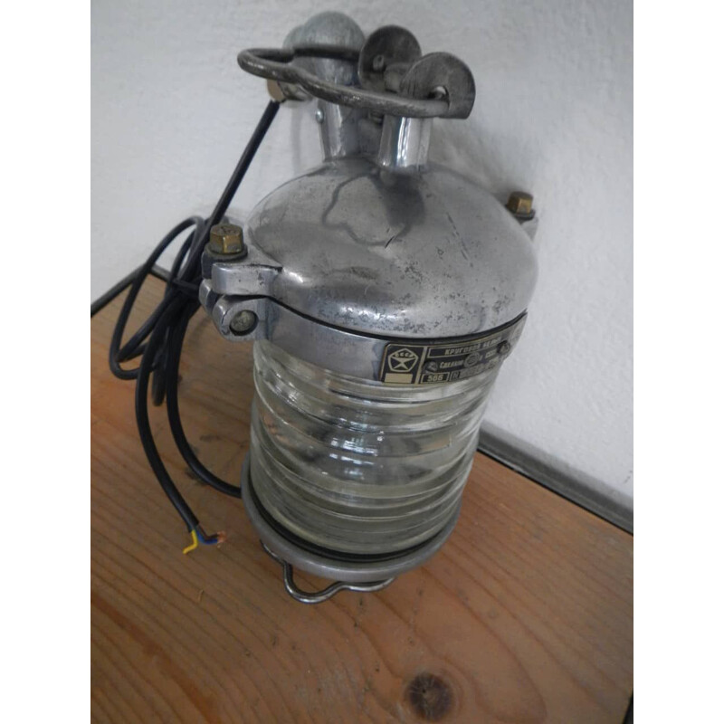 Lámpara naval rusa vintage de aluminio con campana de cristal