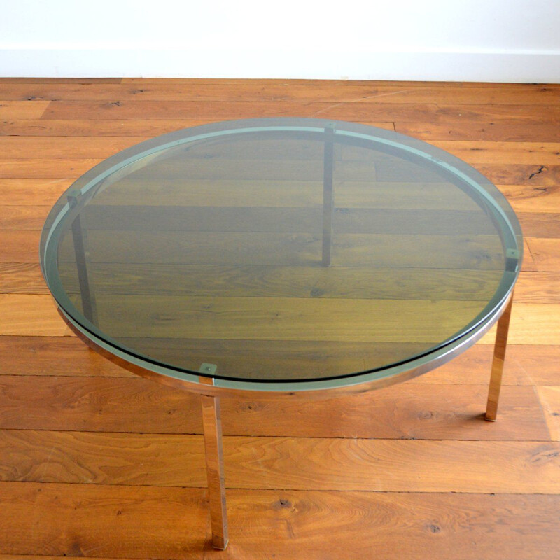 Round vintage coffee table in smoked glass and chrome, Italy 1970