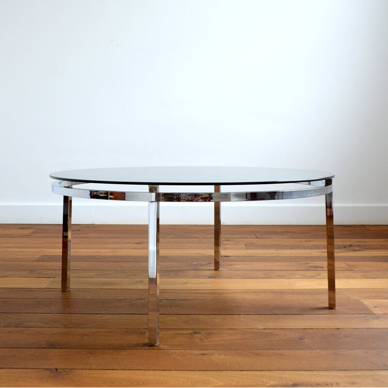 Round vintage coffee table in smoked glass and chrome, Italy 1970