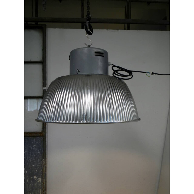 Vintage industrial aluminum and iron lamp with ceramic stand