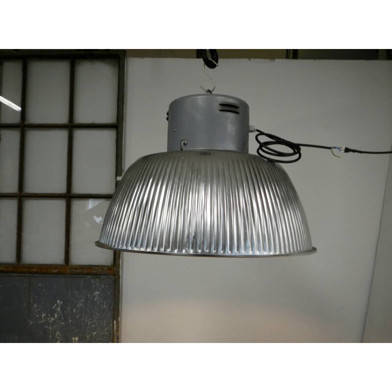 Vintage industrial aluminum and iron lamp with ceramic stand