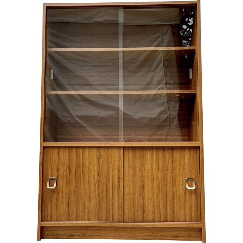 Vintage glass bookcase cupboard with sliding doors, 1970-1980