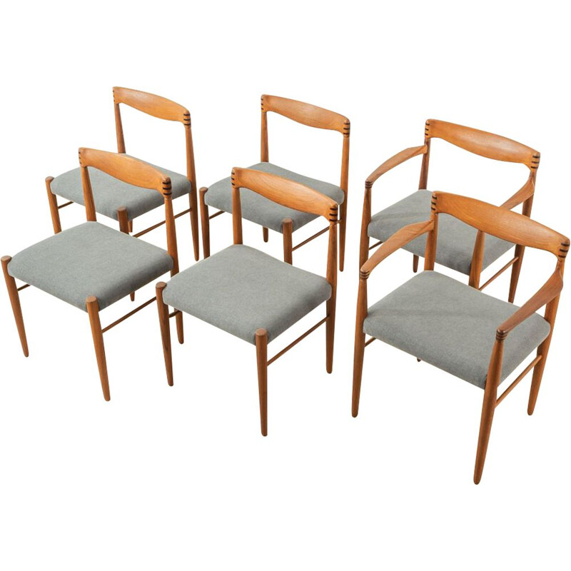 Set of 6 mid century teak and grey fabric dining chairs by H.W. Klein for Bramin, 1960s