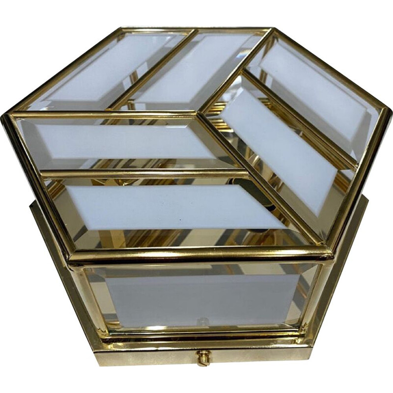Lámpara de techo hexagonal italiana vintage de latón y cristal, 1970