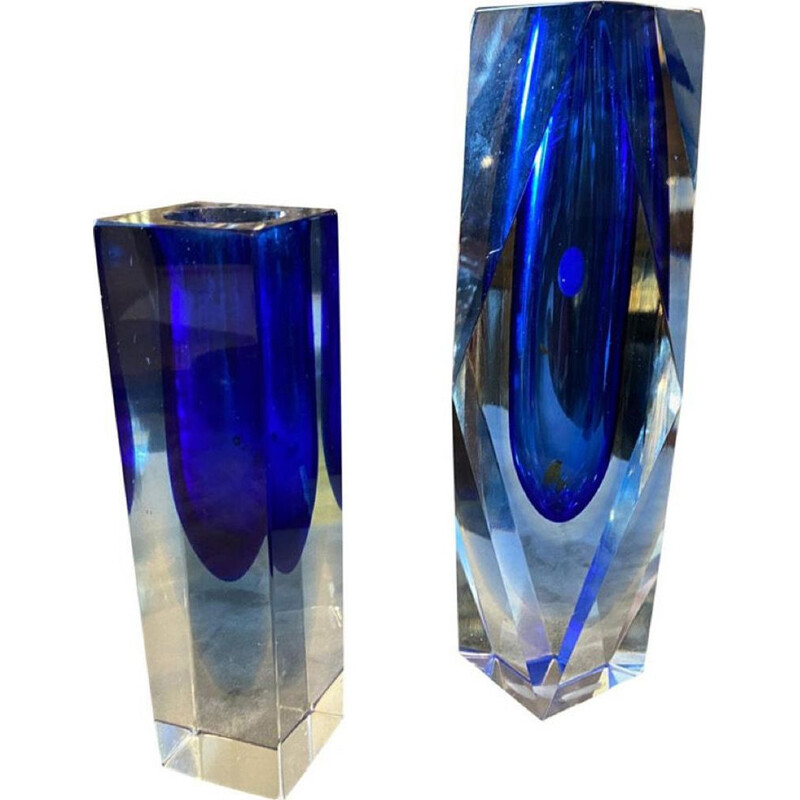 Pair of vintage modern blue Murano glass vases by Seguso, 1970s