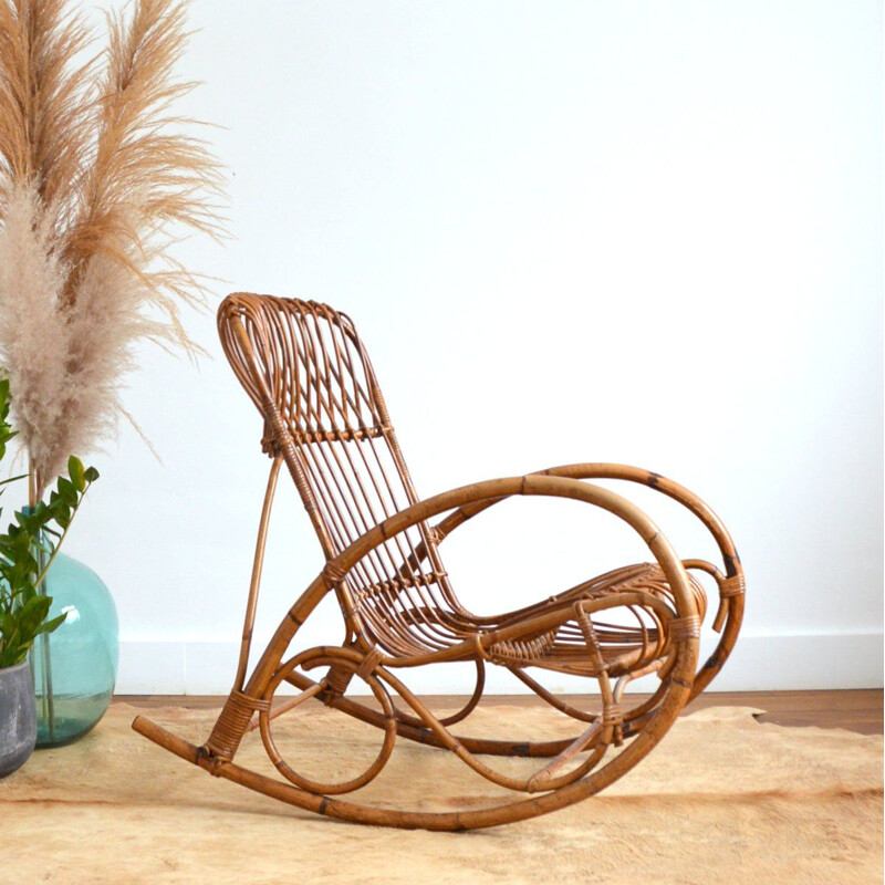 Vintage rattan rocking chair by Rohe Noordwolde, 1950-1960