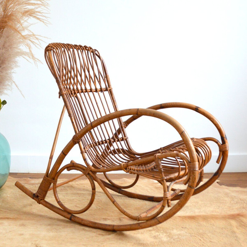 Vintage rattan rocking chair by Rohe Noordwolde, 1950-1960