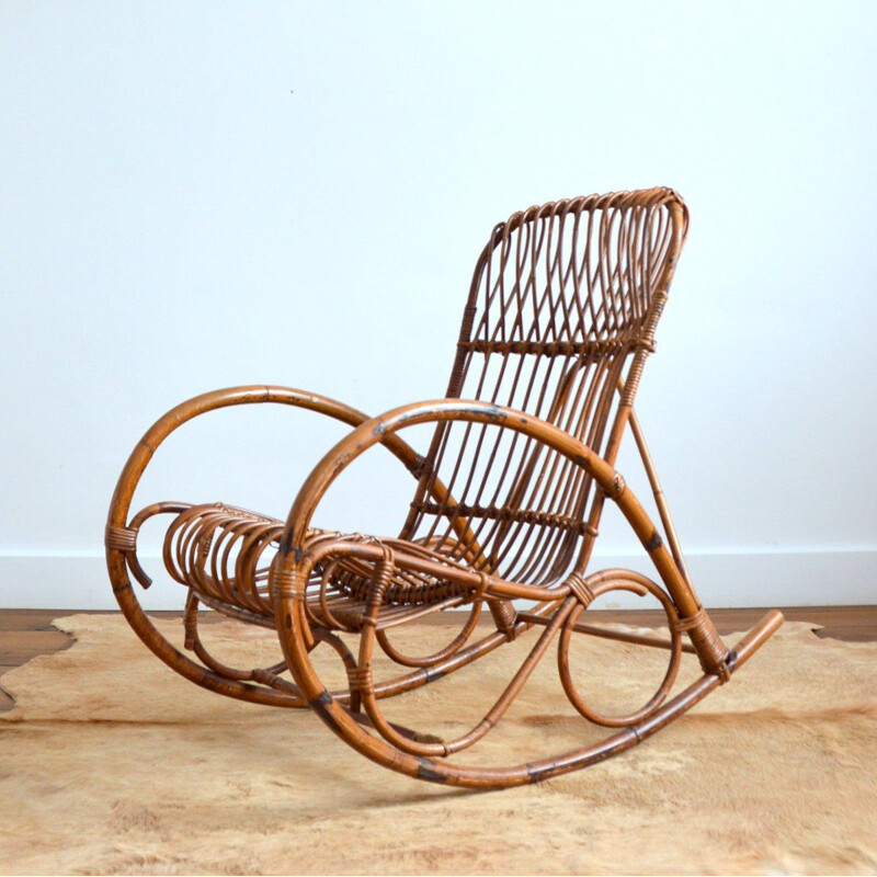 Vintage rattan rocking chair by Rohe Noordwolde, 1950-1960