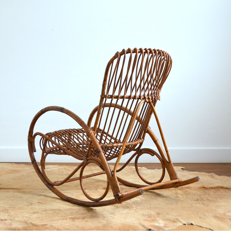 Vintage rattan rocking chair by Rohe Noordwolde, 1950-1960