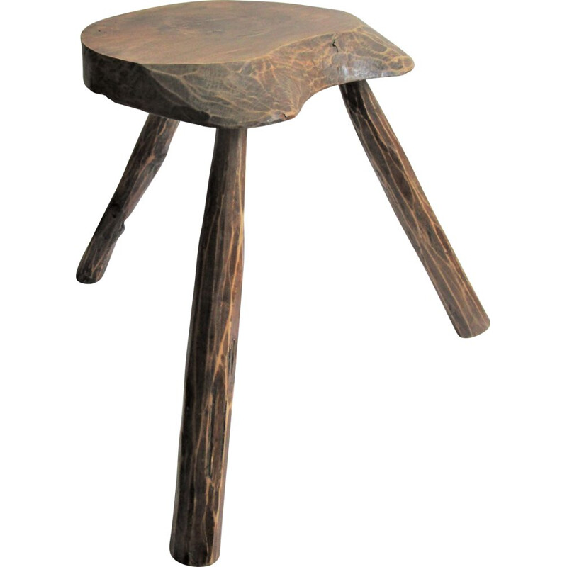 Vintage French folk art tripod milking stool in solid wood, 1950