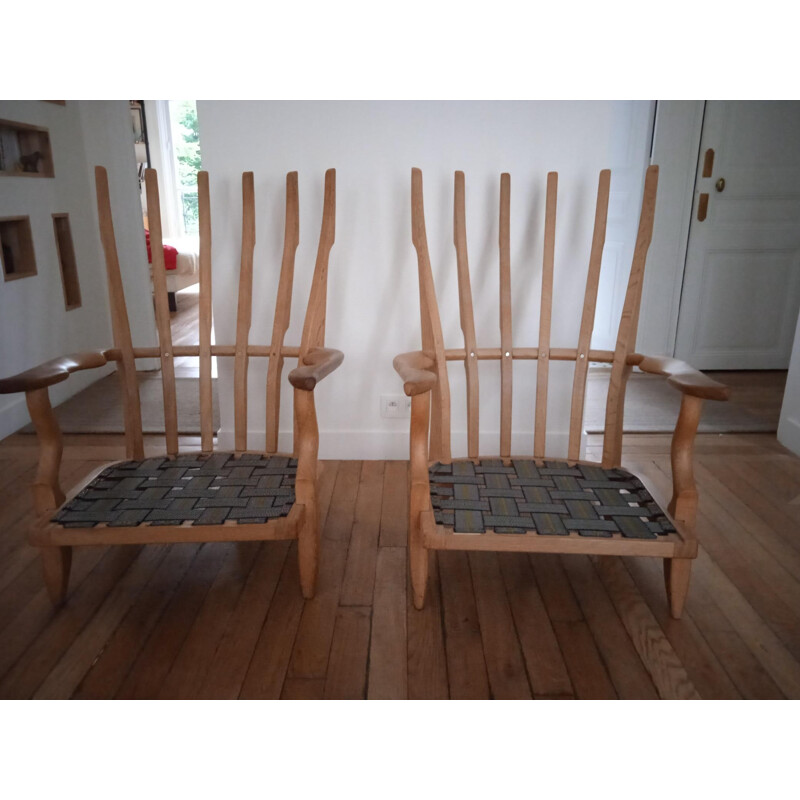 Pair of vintage "Grand Repos" oakwood and wool armchairs by Guillerme & Chambron