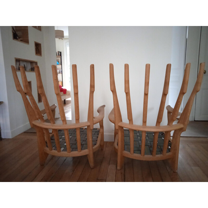 Pair of vintage "Grand Repos" oakwood and wool armchairs by Guillerme & Chambron