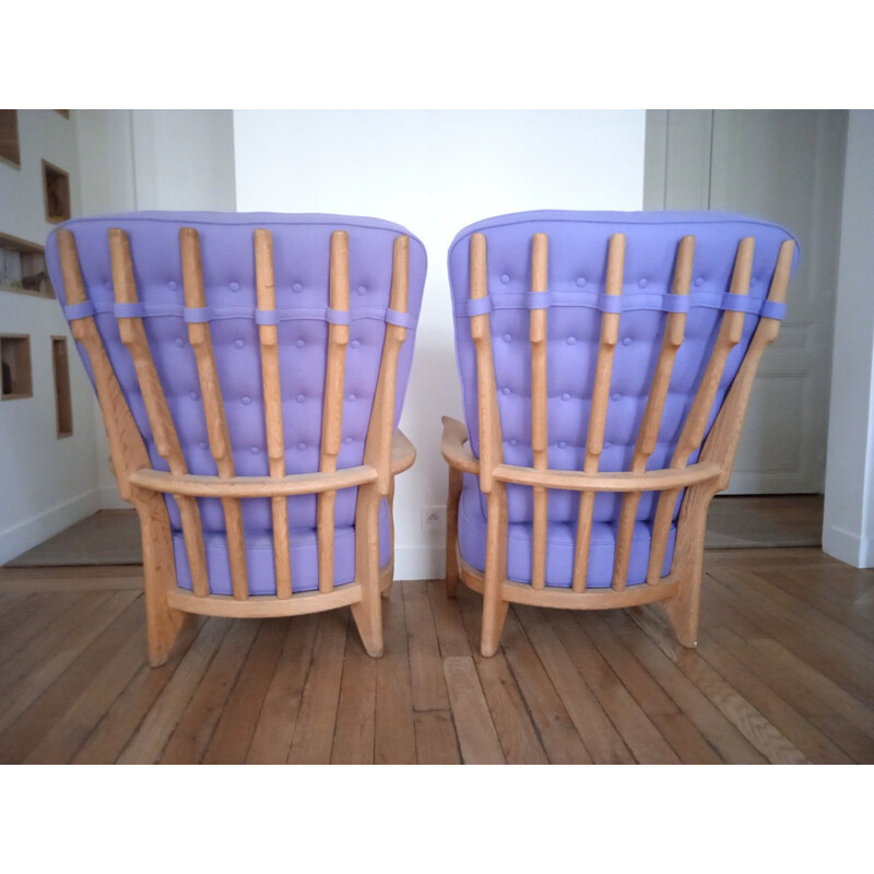 Pair of vintage "Grand Repos" oakwood and wool armchairs by Guillerme & Chambron