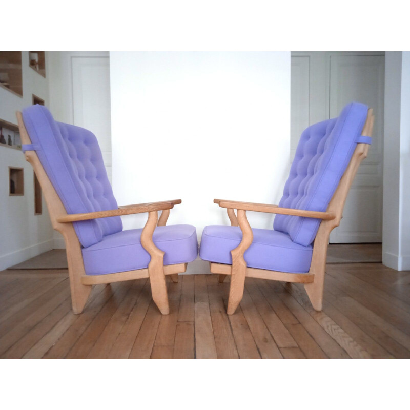 Pair of vintage "Grand Repos" oakwood and wool armchairs by Guillerme & Chambron