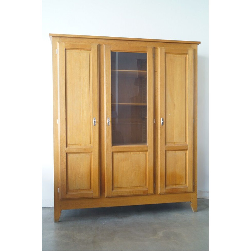 Vintage 3-door cabinet in solid wood and glass, 1950s