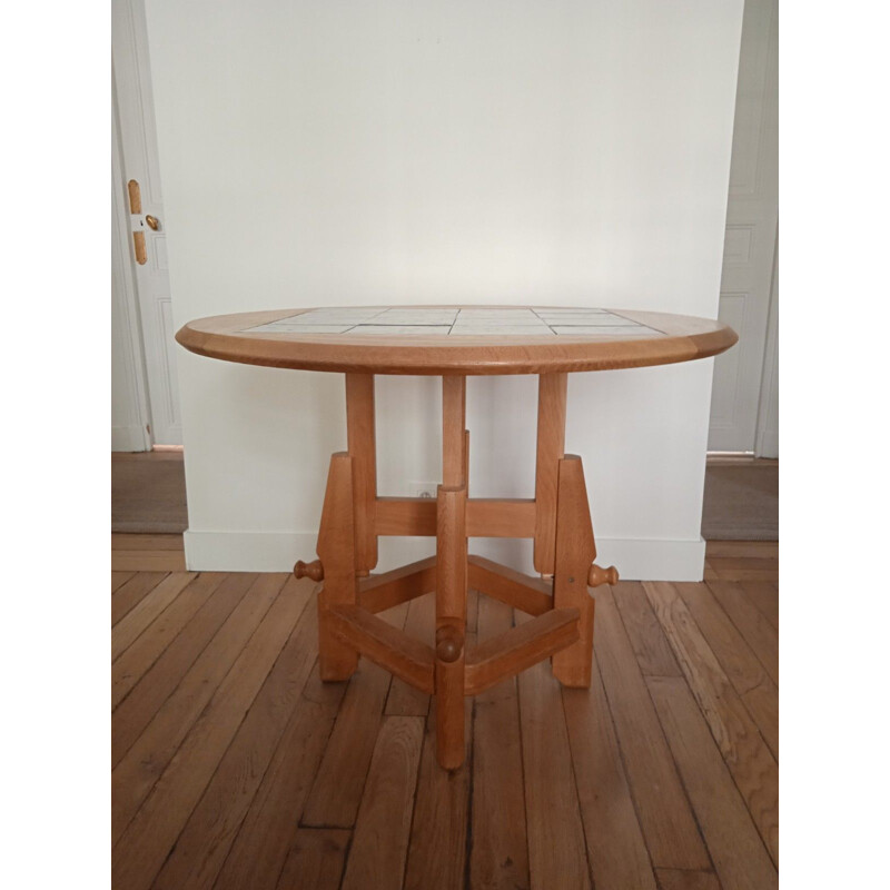 Table basse vintage "Ladislas" en chêne et céramique de Guillerme & Chambron, France 1950