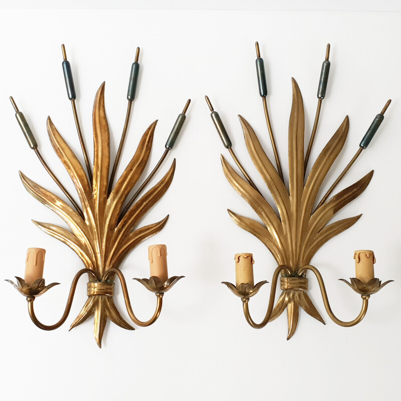Pair of vintage reed wall lamps, 1970s