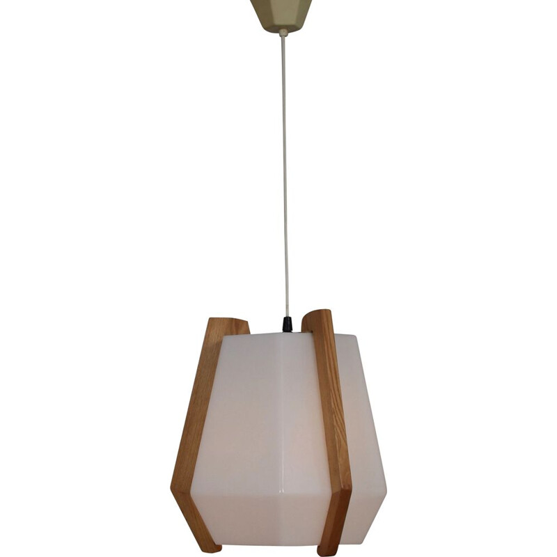 Vintage wooden suspension with plexiglass shade by Rudolf Döffler, Germany 1970