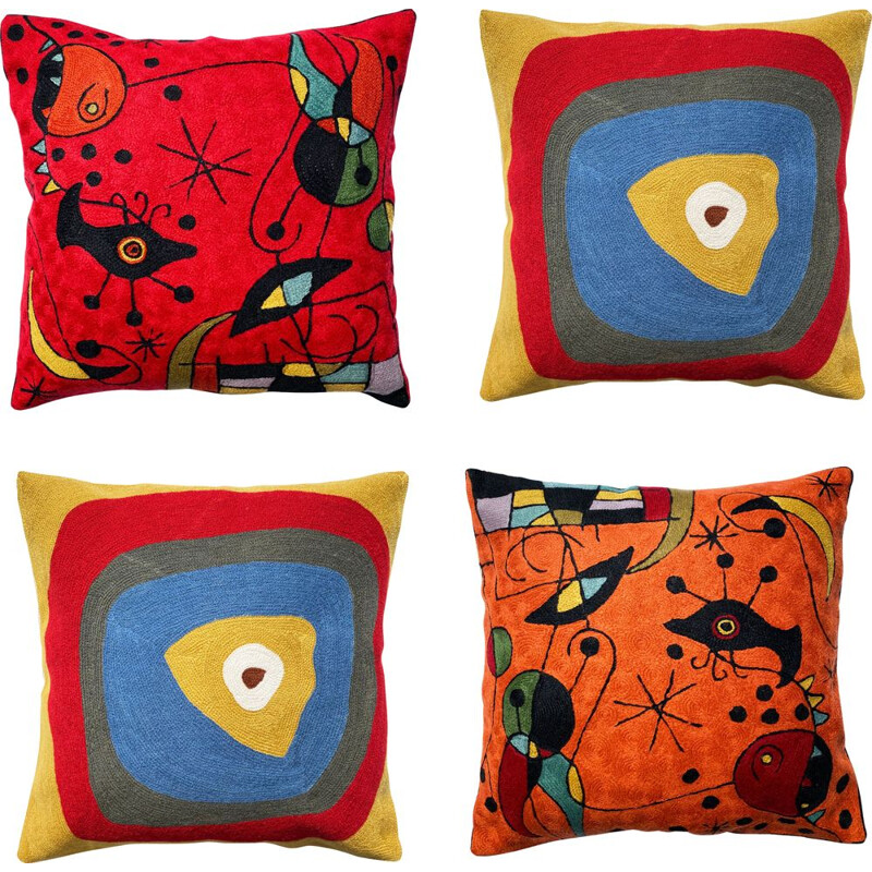 Set of 4 mid century multicoloured wool cushion covers with abstract embroidery