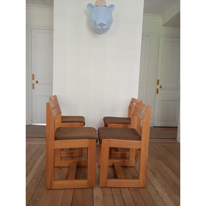 Lot de 4 chaises vintage en bois d'orme et tissu de la Maison Regain, 1983