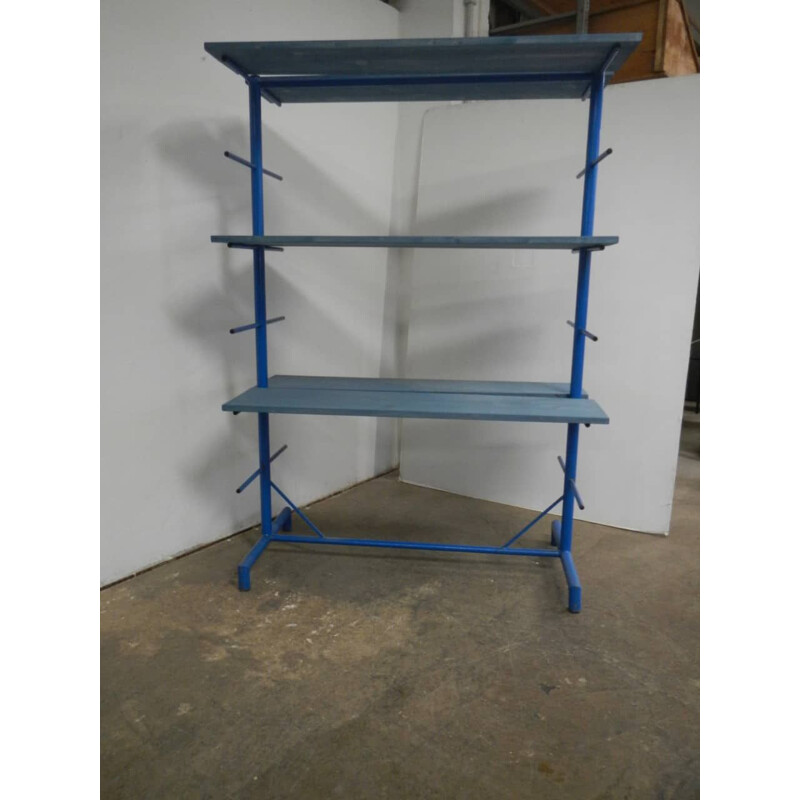 Blue iron vintage pottery display with 6 wooden shelves